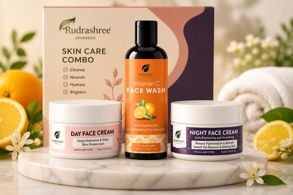 Rudrashree Ayurvedic Complete Skin Care Combo – Vitamin C Face Wash, Day Face Cream & Night Face Cream for Healthy, Glowing Skin