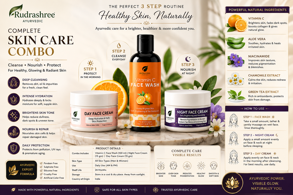 Rudrashree Ayurvedic Complete Skin Care Combo – Vitamin C Face Wash, Day Face Cream & Night Face Cream for Healthy, Glowing Skin