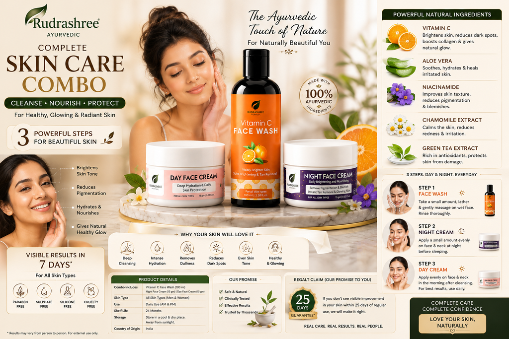 Rudrashree Ayurvedic Complete Skin Care Combo – Vitamin C Face Wash, Day Face Cream & Night Face Cream for Healthy, Glowing Skin