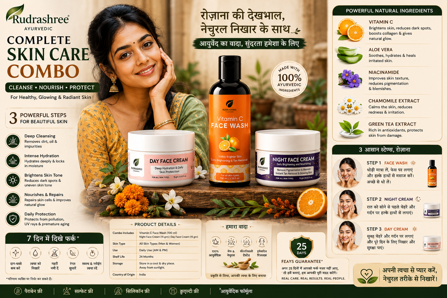 Rudrashree Ayurvedic Complete Skin Care Combo – Vitamin C Face Wash, Day Face Cream & Night Face Cream for Healthy, Glowing Skin