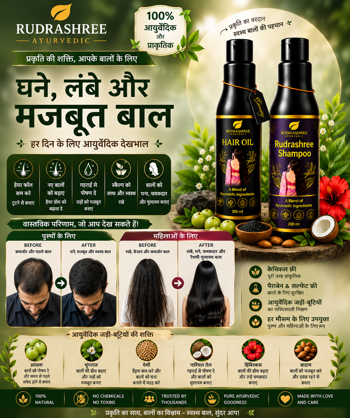 Rudrashree Ayurvedic Hair Oil & Shampoo Combo – Hair Fall Control, Hair Growth & Deep Scalp Nourishment